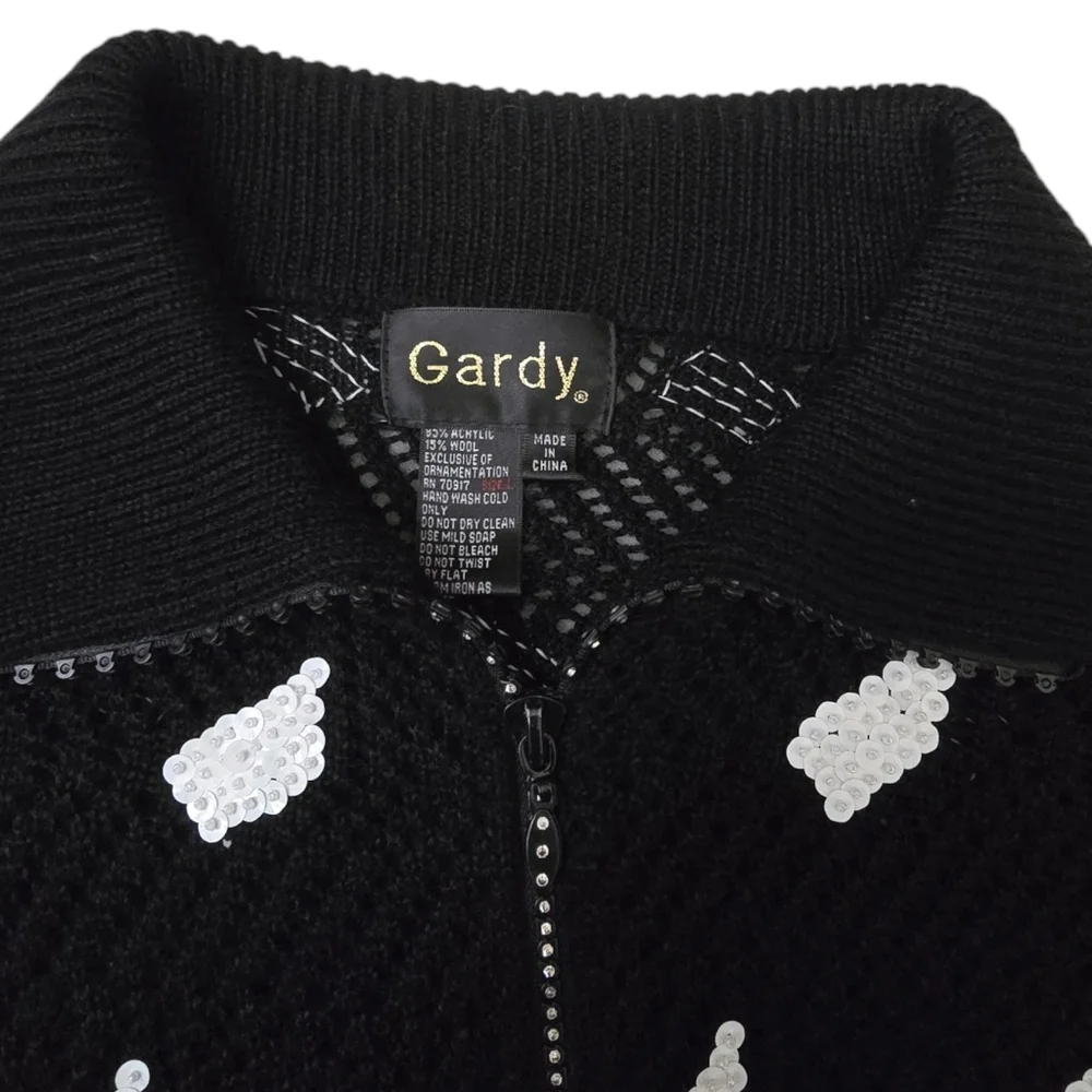 Women's Gardy Cardigan Knit Sweater Black Knit White Sequins Rhinestone Zipper L - Picture 3 of 13